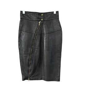 ALAIA Vintage Black Leather Pencil Skirt with Front Zipper Size 36 France